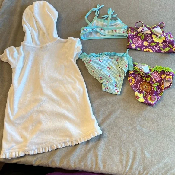 12 month girls swimsuit 2 piece lot with pool terry cover up cherry flowers - Picture 6 of 7